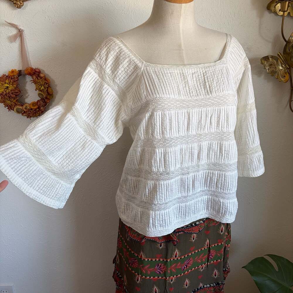 Brora White Cotton Blouse with Crochet Lace M